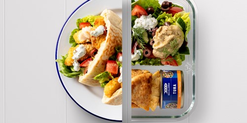 fish pitas on a white plate with a can of tuna and salad next to the fish sliders made with sealords fish products
