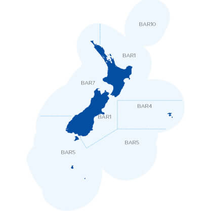 drawing of nz map and the surrounding water of where you can find the fish barracouta