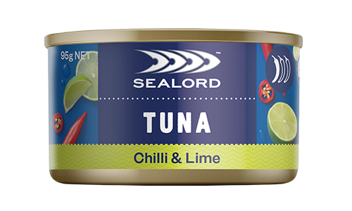 Sealord Tuna Chilli & Lime can – 95g ready-to-eat tuna with bold chilli and lime flavours, featuring vibrant ingredient graphics on a green and blue label.