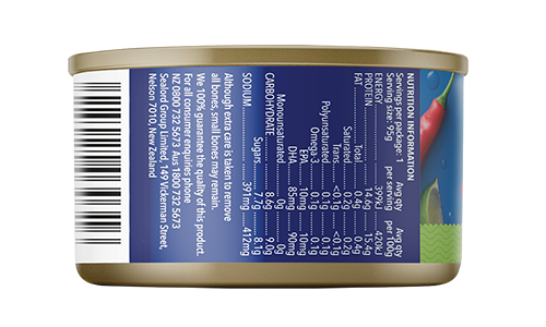 Sealord Tuna Chilli & Lime can – 95g ready-to-eat tuna with bold chilli and lime flavours, featuring vibrant ingredient graphics on a green and blue label. ingredient list