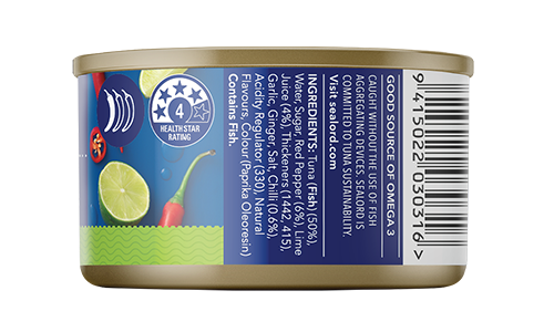 Sealord Tuna Chilli & Lime can – 95g ready-to-eat tuna with bold chilli and lime flavours, featuring vibrant ingredient graphics on a green and blue label. nutrition list