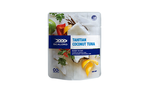 Sealord Tahitian Coconut Tuna pouch featuring coconut, lime, and herbs—ready-to-eat tuna with a tropical Tahitian flavour.