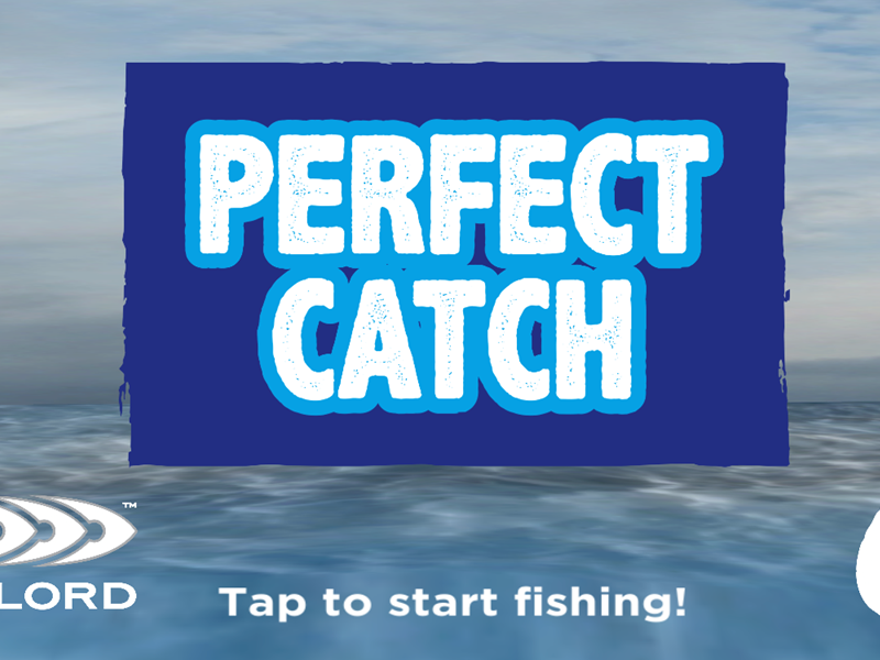 Blue ocean game screen with bold text "PERFECT CATCH" in white and blue. Bottom text reads, "Tap to start fishing!" Sealord logo appears in the lower left.
