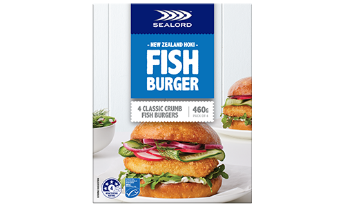 4 pack of frozen hoki fish burger patties packaged in a sealords branded box