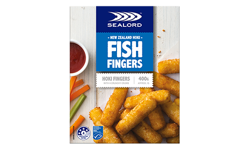 Sealord Hoki Fish Fingers – boxed packaging featuring golden crumbed fish fingers with dipping sauce and veggie sticks.