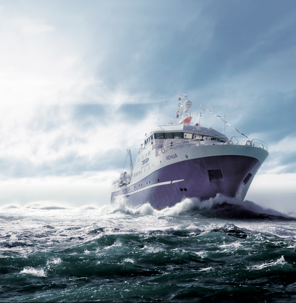 Sealord's Rehua fishing vessel powering through ocean waves under a dramatic sky, adorned with maritime signal flags.
