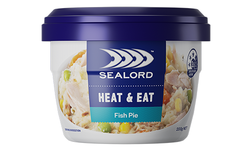 sealord heat and eat fish pie in a white and blue container