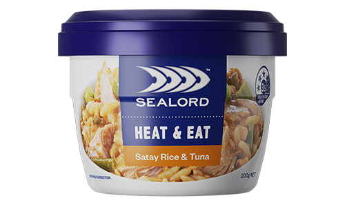 Sealord Heat & Eat Satay Rice & Tuna – 200g ready-to-eat meal pot with chunks of tuna, rice, and satay sauce in a convenient microwavable container.