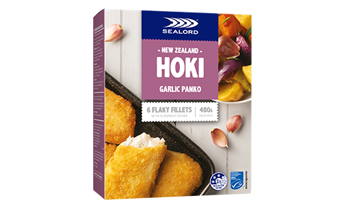 Sealord Garlic Panko Hoki Fillets – boxed packaging showing 6 golden flaky hoki fillets with garlic cloves and roast vegetables.