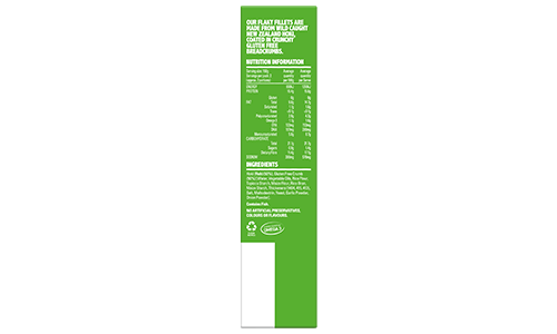 Sealord Gluten Free Crumb Hoki Fillets – boxed packaging with 4 fillets inside, ingredient list side of box