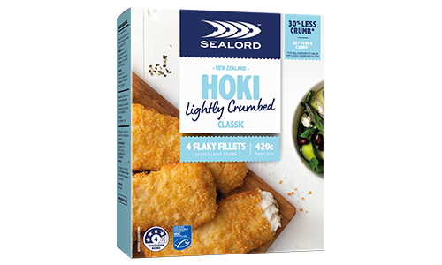 Sealord Lightly Crumbed Hoki Fillets – boxed packaging featuring 4 golden flaky fillets with a light crumb, served with a fresh salad.