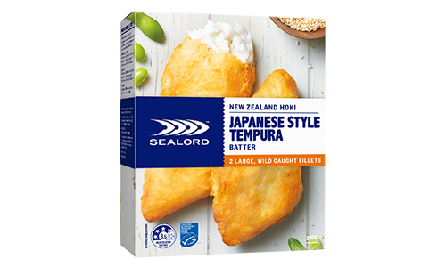 Sealord Japanese Style Tempura Hoki Fillets – boxed packaging featuring 2 golden, crispy fillets with rice, edamame, and sesame seeds.
