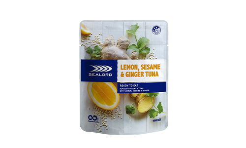 Sealord Lemon, Sesame & Ginger Tuna pouch with fresh lemon, ginger, sesame seeds and herbs on the packaging.