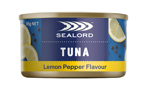 cannedt una Lemon & Cracked Pepper, with blue yellow and white packaging branded by sealord. on a transparent background