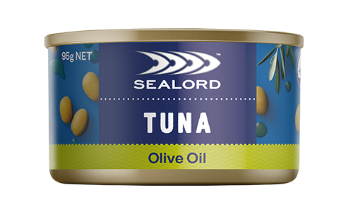 Sealord Tuna in Olive Oil can – 95g tuna with rich olive oil, featuring olive illustrations and a green and blue label design.