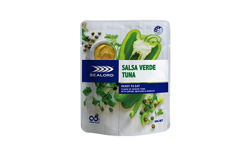 Sealord Salsa Verde Tuna pouch featuring green capsicum, herbs, mustard, and capers—ready-to-eat tuna with zesty salsa verde flavour.