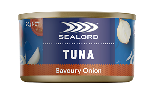 Sealord Tuna Savoury Onion can – 95g tuna with onion flavour, featuring bold blue and brown packaging with onion and tomato illustrations.