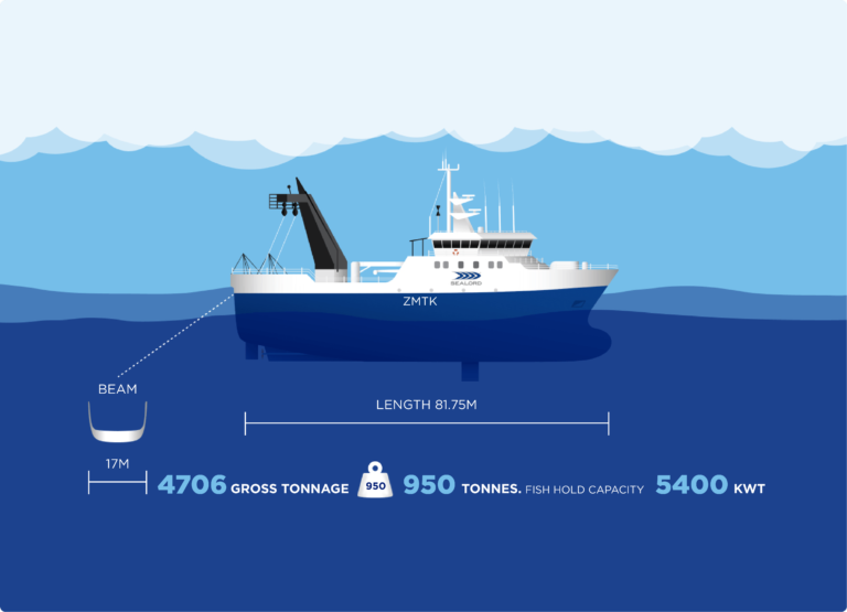Illustrated graphic of Sealord fishing vessels showcasing the company’s commercial deep-sea fishing fleet in New Zealand.