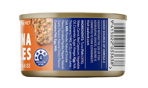 Smokey Mayonnaise tuna spreadable caught and produced in New Zealand. 95 gram ready to eat, nutrition label