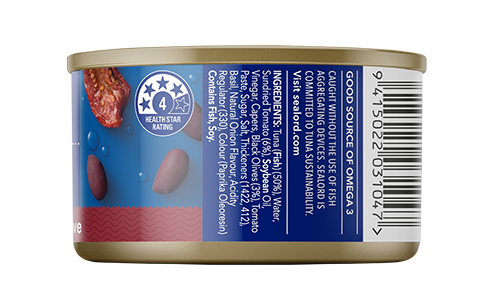 sun-dried tomato and olive – 95g ready-to-eat tuna with red sundries tomatoes and olives on blue label nutrition label