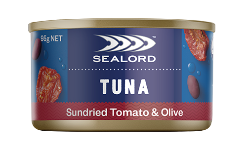 Sealord Tuna Sundried Tomato & Olive can – 95g ready-to-eat tuna featuring sundried tomato and olive imagery on a bold blue and maroon label.