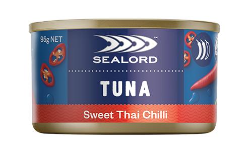 Sealord Tuna Sweet Thai Chilli can – 95g ready-to-eat tuna with spicy red chilli graphics on a bold blue and red label.