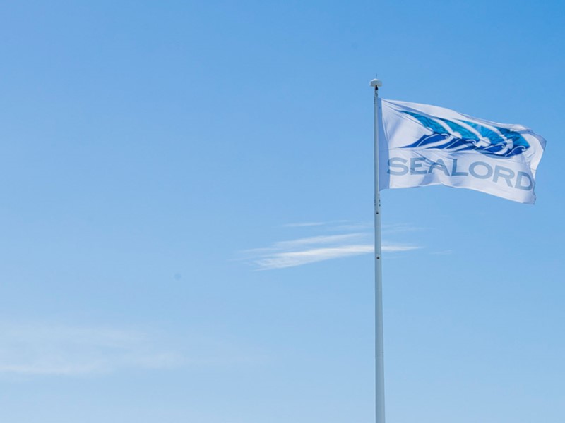 Sealord company flag waving on a tall pole, prominently displayed against a bright blue sky with scattered white clouds, presence in the seafood industry