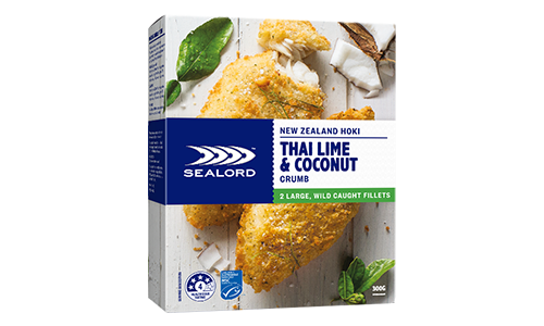 Sealord Thai Lime & Coconut Crumb Hoki Fillets – boxed packaging showing 2 golden crumbed fillets with visible coconut and herbs.
