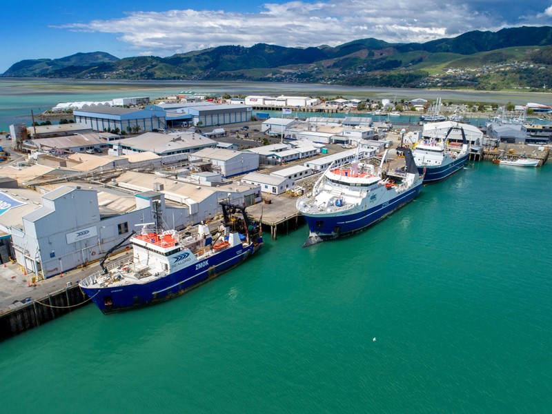 Aerial view of a busy seafood processing facility and port in Nelson, New Zealand, with Sealord vessels docked at the wharf and green coastal waters in the foreground.