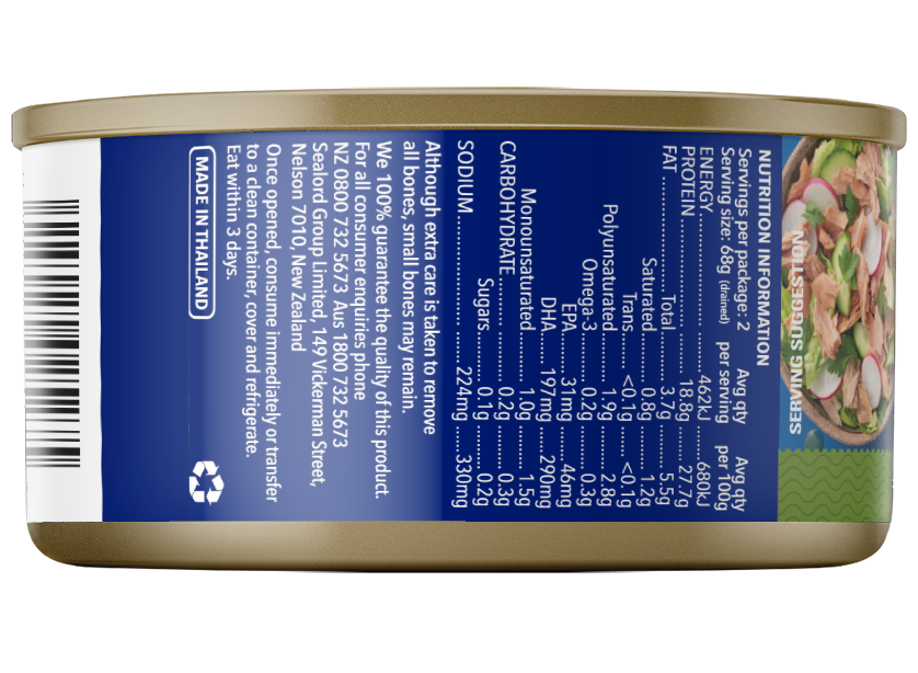 Side view of a Sealord canned tuna product showing nutritional information, sodium content, and storage instructions, with a salad image on the right
