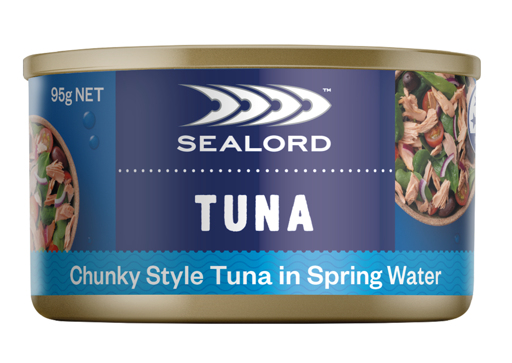 Sealord Chunky Style Tuna in Spring Water – 95g canned tuna with a blue label, featuring a fresh salad with tuna, olives, and greens.