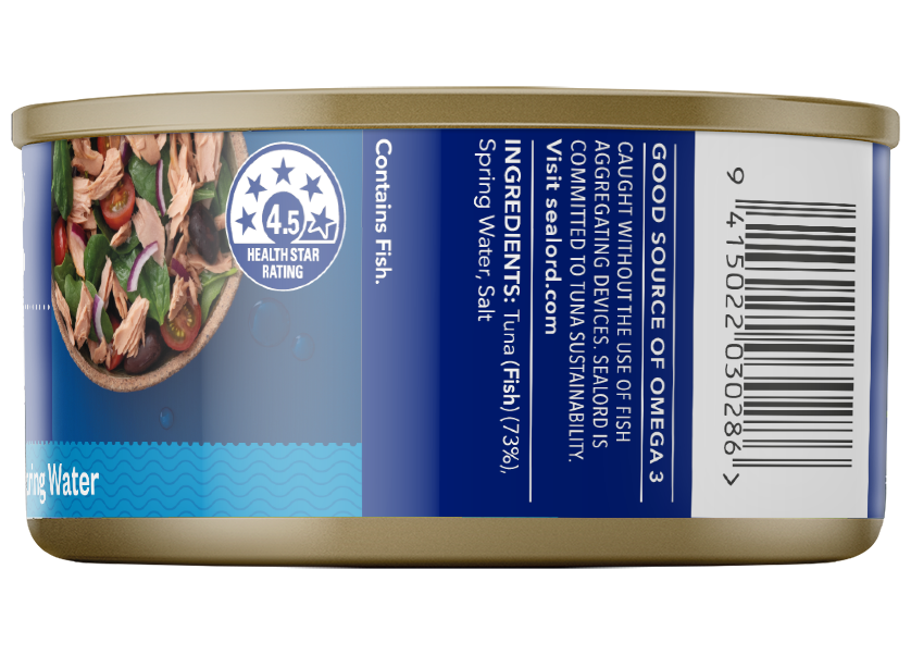 Side view of a Sealord canned tuna product showing ingredient list, sustainability commitment, barcode, and a 4.5-star health rating badge.