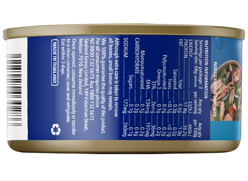 Side view of a Sealord canned tuna product showing nutritional information, recycling logo, and a 'Made in Thailand' label.