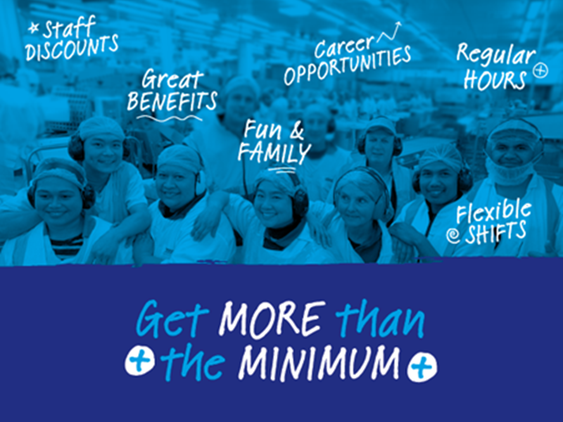 Group of smiling factory workers in uniforms and hairnets, surrounded by benefits text: “Staff Discounts,” “Great Benefits,” “Fun & Family,” “Career Opportunities,” “Regular Hours,” and “Flexible Shifts.” Caption below: “Get MORE than the MINIMUM.”