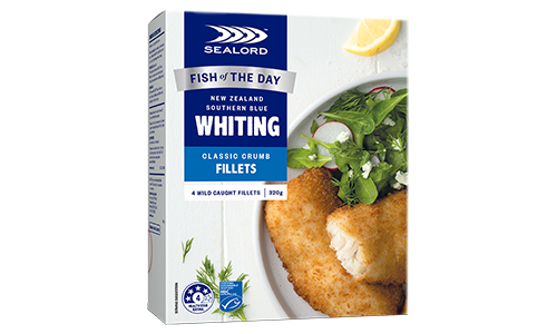 Sealord Classic Crumb Southern Blue Whiting Fillets – boxed packaging with 4 golden crumbed fillets served with fresh salad and lemon wedge.