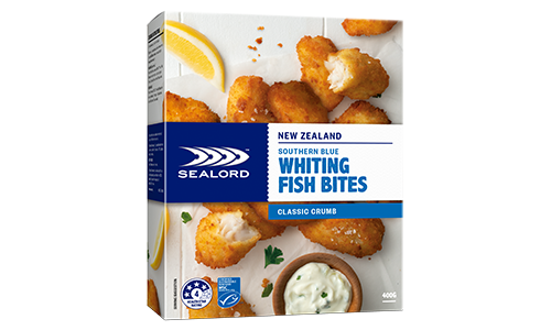 Sealord Southern Blue Whiting Fish Bites – boxed packaging with classic crumbed fish bites, lemon wedges, and a side of tartare sauce.