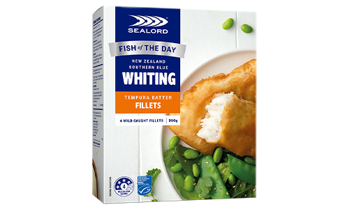 Sealord Fish of the Day New Zealand Southern Blue Whiting Tempura Batter Fillets, 300g box featuring 4 wild-caught fillets served with greens.
