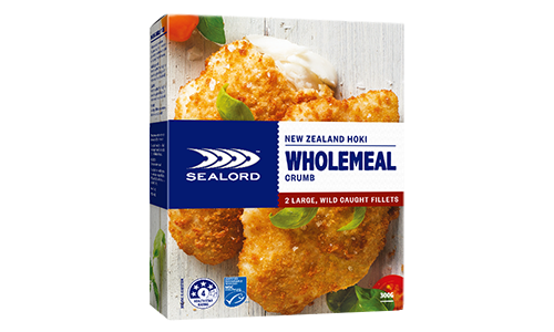 Sealord Wholemeal Crumb Hoki Fillets – boxed packaging showing 2 large, golden crumbed hoki fillets with wholemeal coating and fresh garnish.