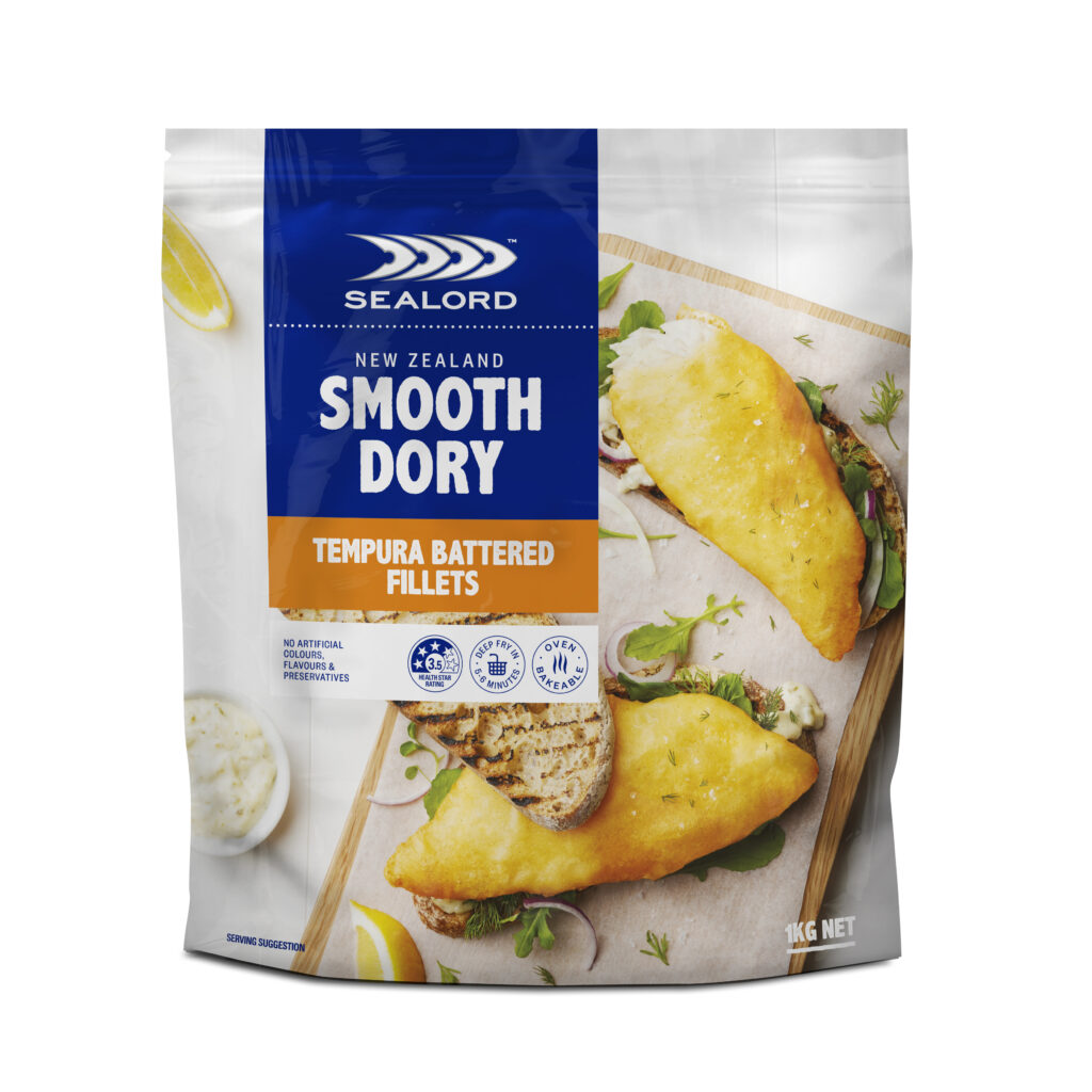 Sealord New Zealand Smooth Dory Tempura Battered Fillets 1kg pack, showing golden battered fillets served on toasted bread with greens. Packaging highlights quick cooking time and oven-ready convenience.