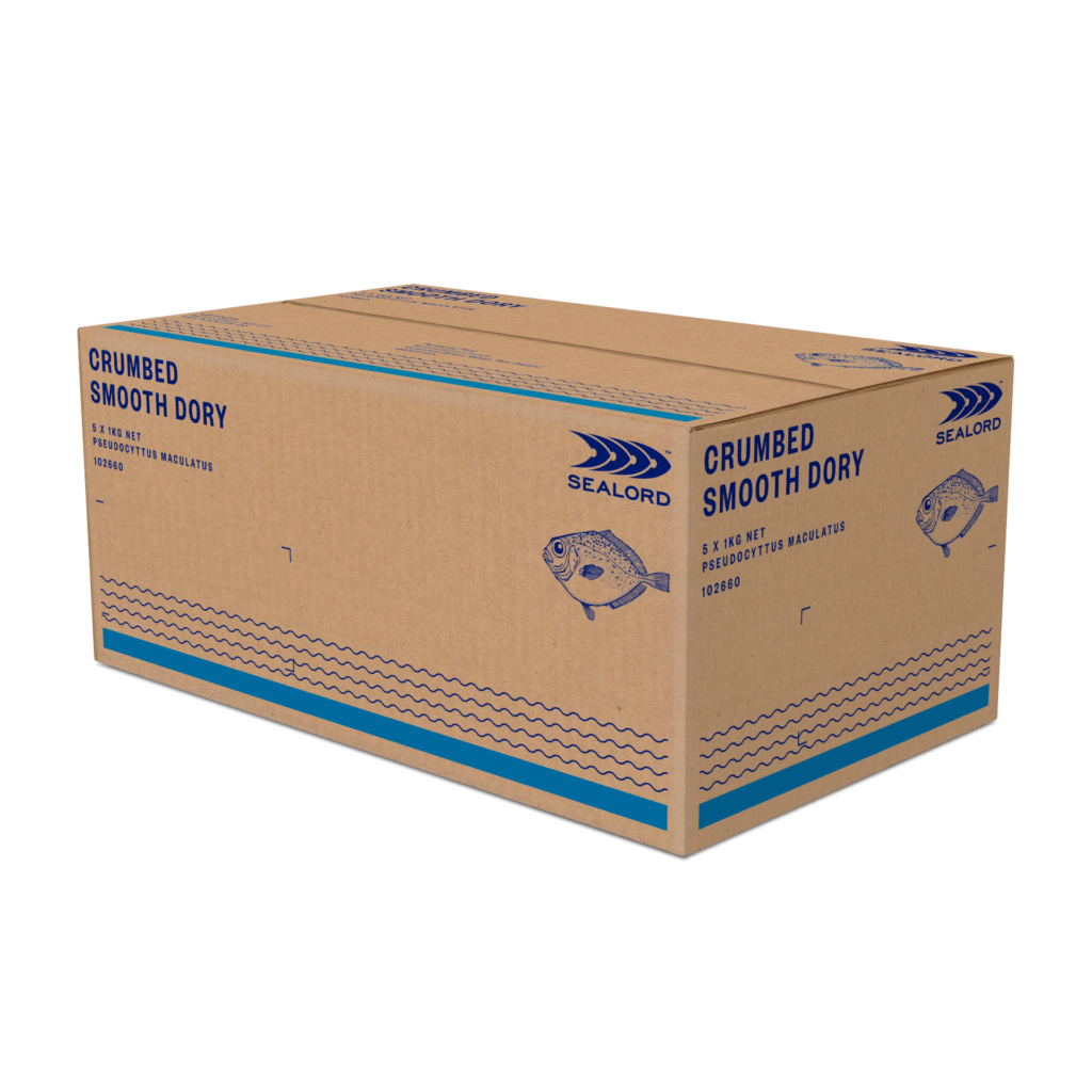 Cardboard carton labeled "Crumbed Smooth Dory" by Sealord, 5 x 1kg net, featuring blue branding, wave patterns, and fish illustrations on the sides.