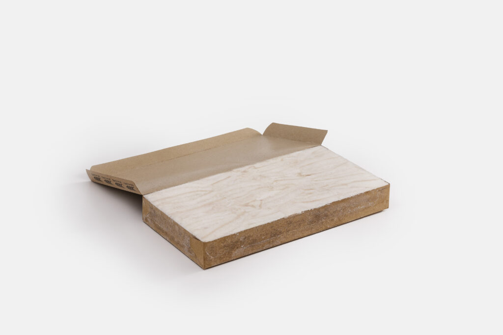 Frozen Hoki block in open cardboard packaging, showing compact, skinless and boneless white fish fillet suitable for industrial food processing.