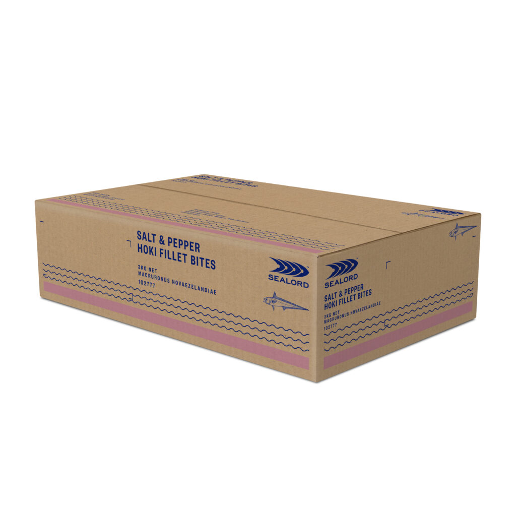Cardboard carton labeled "Salt & Pepper Hoki Fillet Bites" by Sealord, 3kg net weight, featuring blue branding and fish illustrations on the side.